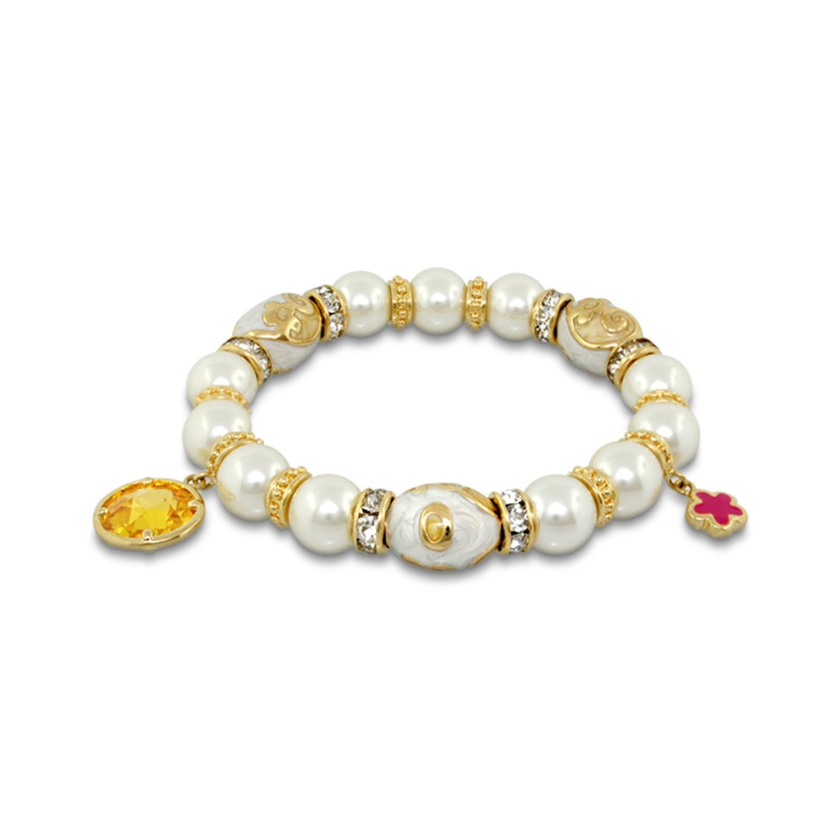 Daisy Swirl Bracelet by Lauren G Adams with white pearl beads, gold spacers, two charms on Tampa Home & Garden Store
