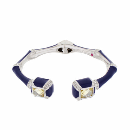 Lauren G Adams Bamboo Bangle - Crystal Tip Cuff with blue enamel, silver settings, yellow gemstone ends on Tampa Home & Garden Store