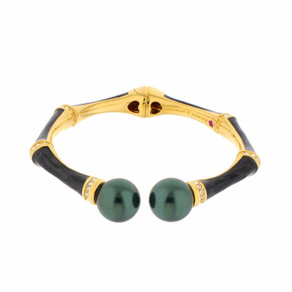 Bamboo Bangle Hinged bracelet with gold-tone black enamel, green stone ends Lauren G Adams on Tampa Home & Garden Store