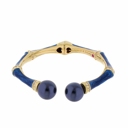 Bamboo Bangle Pearl Tip Cuff by Lauren G Adams in blue enamel with gold trim two beads on Tampa Home & Garden Store