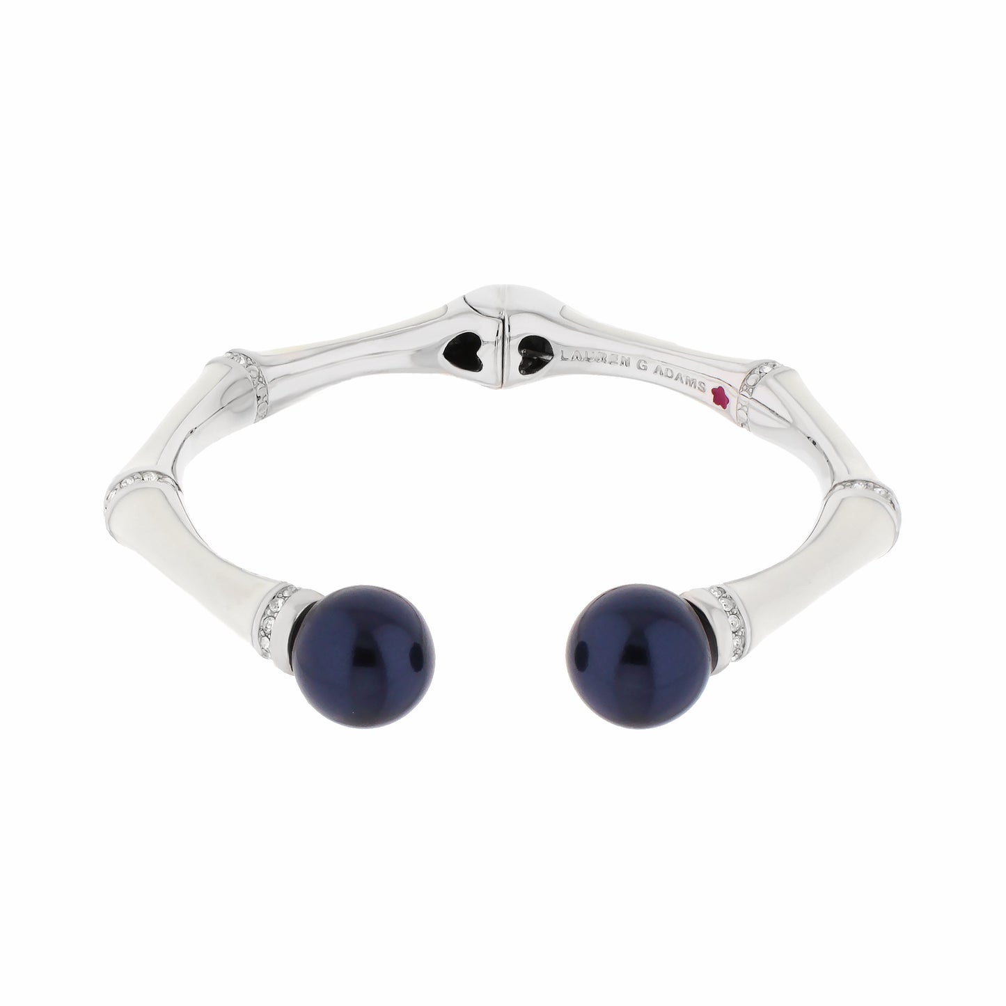 Bamboo Bangle Pearl Tip Cuff by Lauren G Adams, silver hinged bracelet with navy beads on Tampa Home & Garden Store