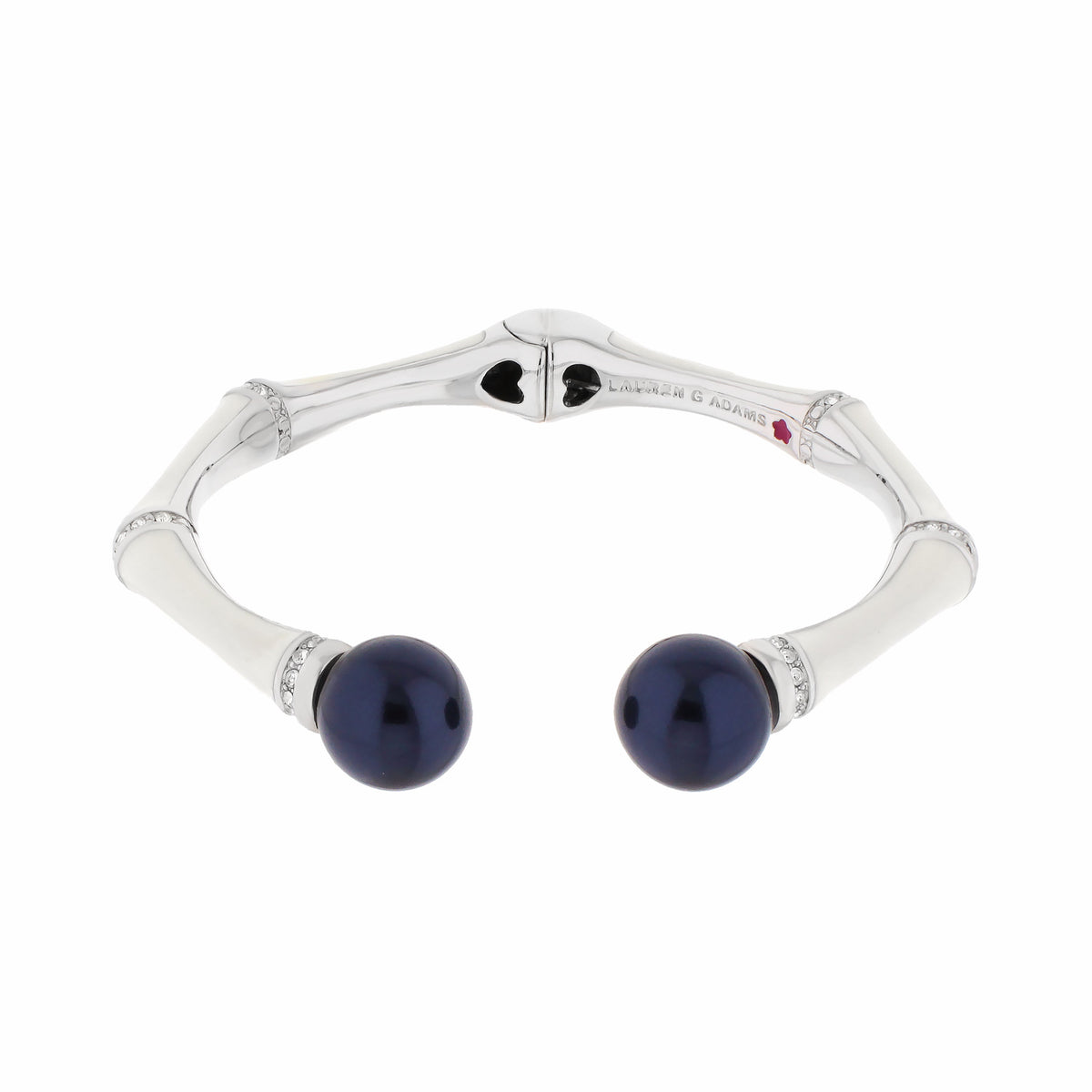 Bamboo Bangle Pearl Tip Cuff by Lauren G Adams, silver hinged bracelet with navy beads on Tampa Home & Garden Store