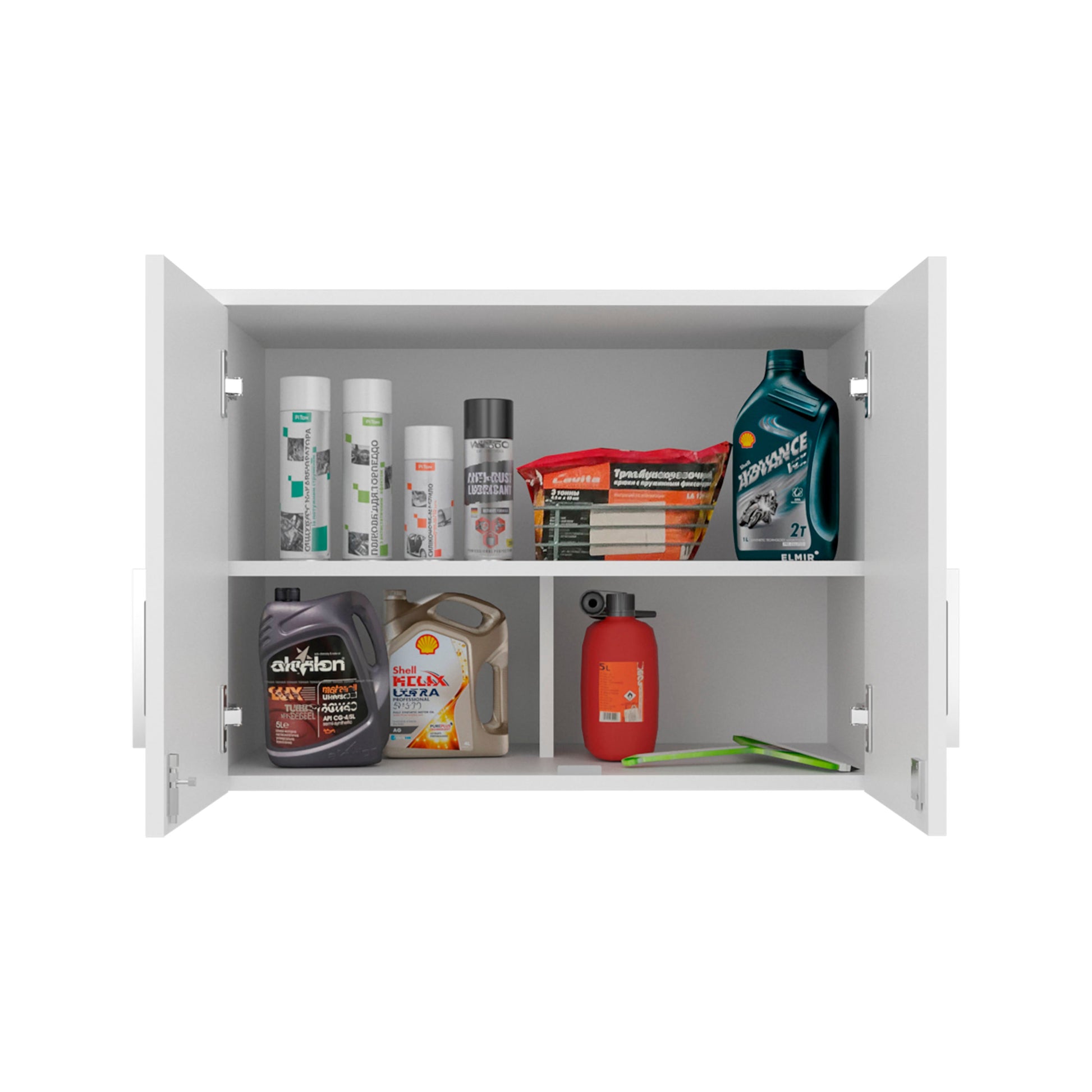Danbury Wall Storage Cabinet by HouseOfZazla white with shelves of cleaning bottles and oils on Tampa Home & Garden Store