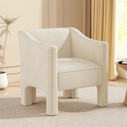 Two white fabric barrel accent chairs with enclosed arms in a bright living room on Tampa Home & Garden Store