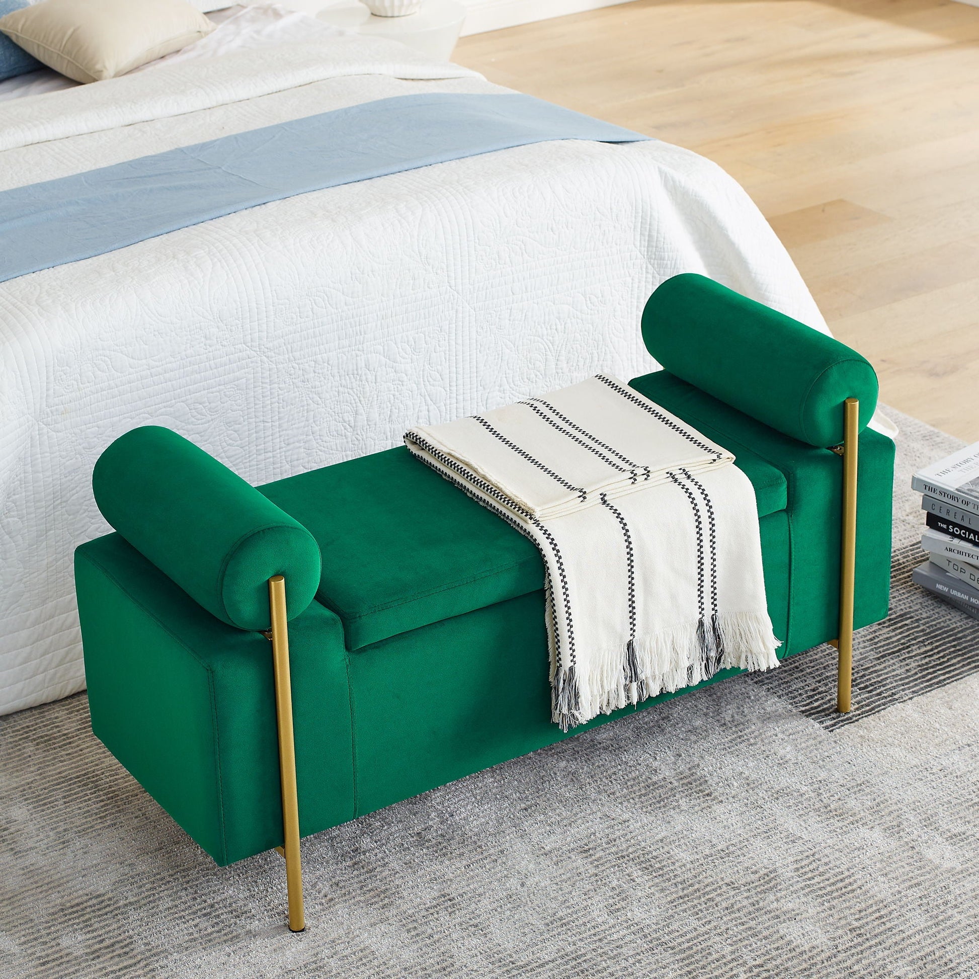 Elegant Upholstered Storage Bench with emerald green fabric and gold iron legs on Tampa Home & Garden Store