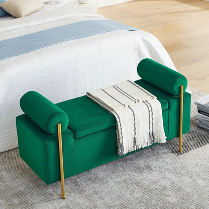 Elegant Upholstered Storage Bench with emerald green fabric and gold iron legs on Tampa Home & Garden Store