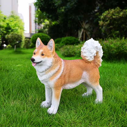 Lifelike Shiba Inu dog statue by HouseOfZazla tan and white lawn sculpture on Tampa Home & Garden Store