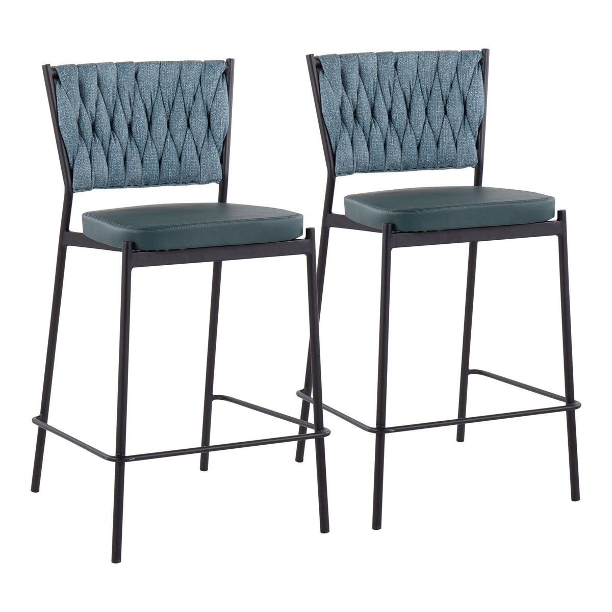 Braided contemporary counter stools set of 2 with padded blue seats and dark metal frames on Tampa Home & Garden Store