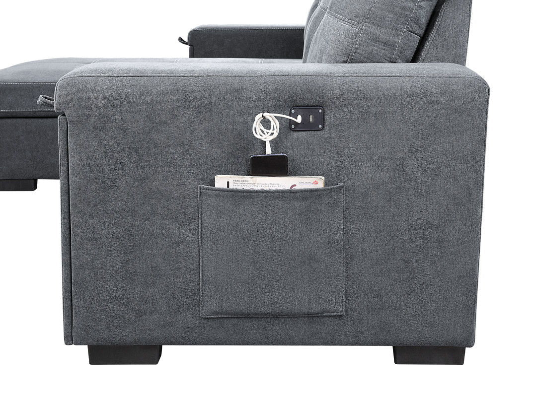 Toby woven fabric reversible sleeper sectional gray with storage pocket and USB port on Tampa Home & Garden Store