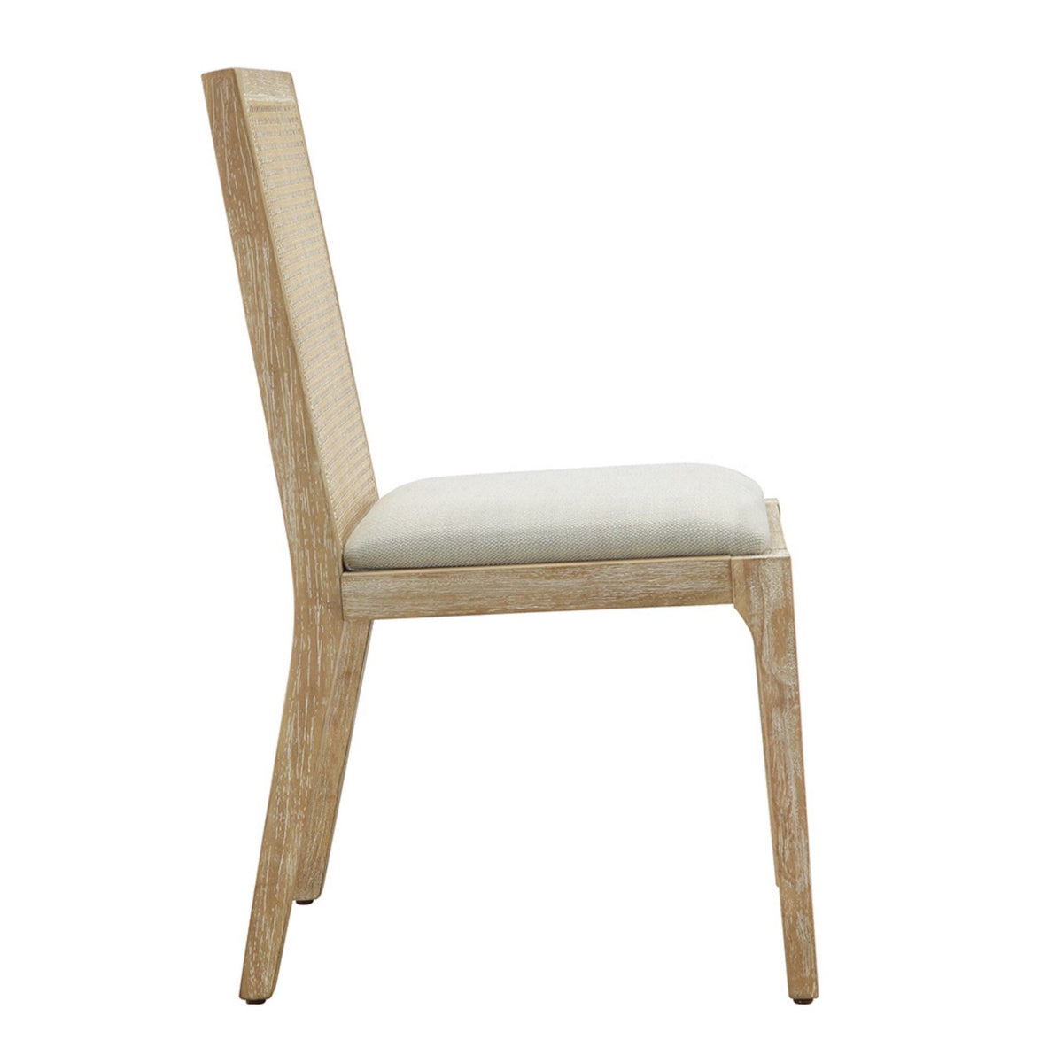 Dining chair with natural wood finish, synthetic cane back, and beige upholstered seat on Tampa Home & Garden Store
