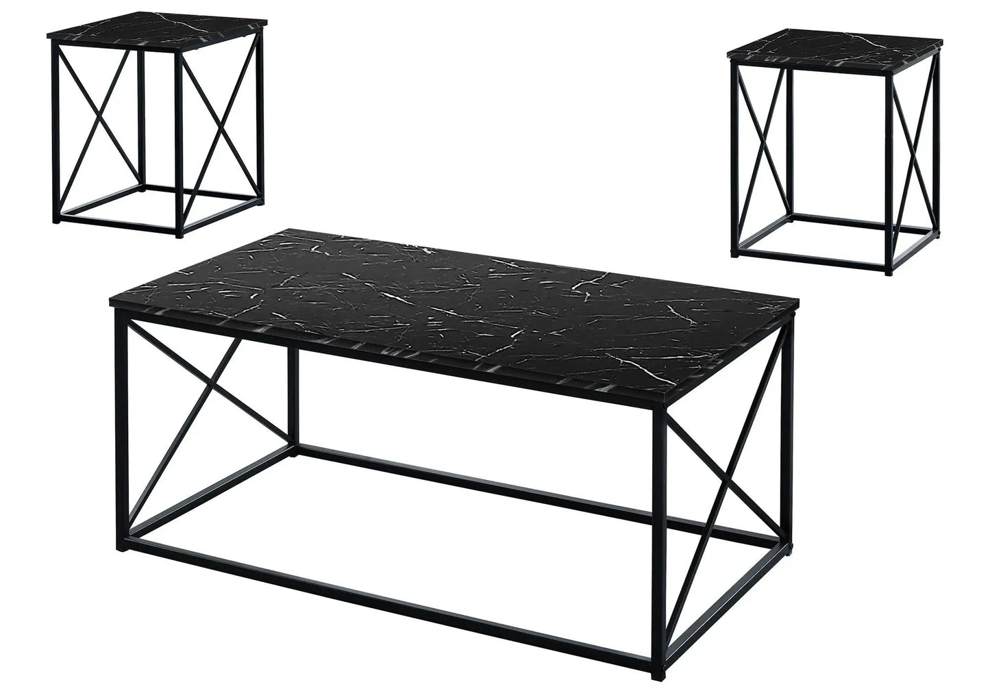 Table set of 3 coffee and end tables with marble-look laminate tops and metal X-frame bases on Tampa Home & Garden Store