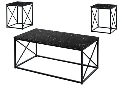 Table set of 3 coffee and end tables with marble-look laminate tops and metal X-frame bases on Tampa Home & Garden Store