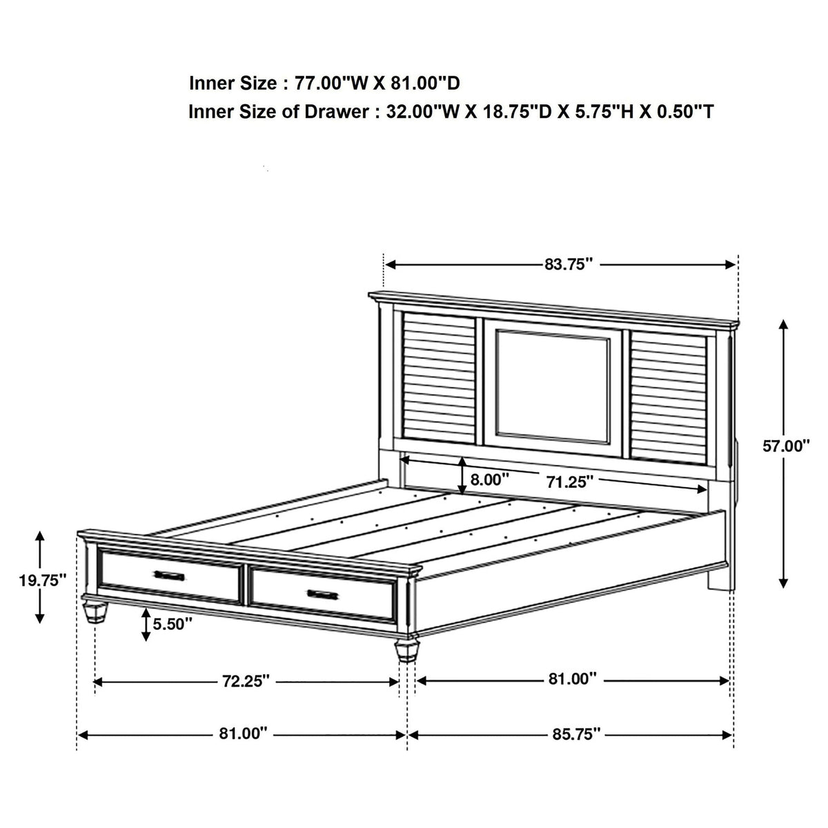 Capistrano 2-Drawer Bed storage bed blueprint showing front drawers and dimensions on Tampa Home & Garden Store
