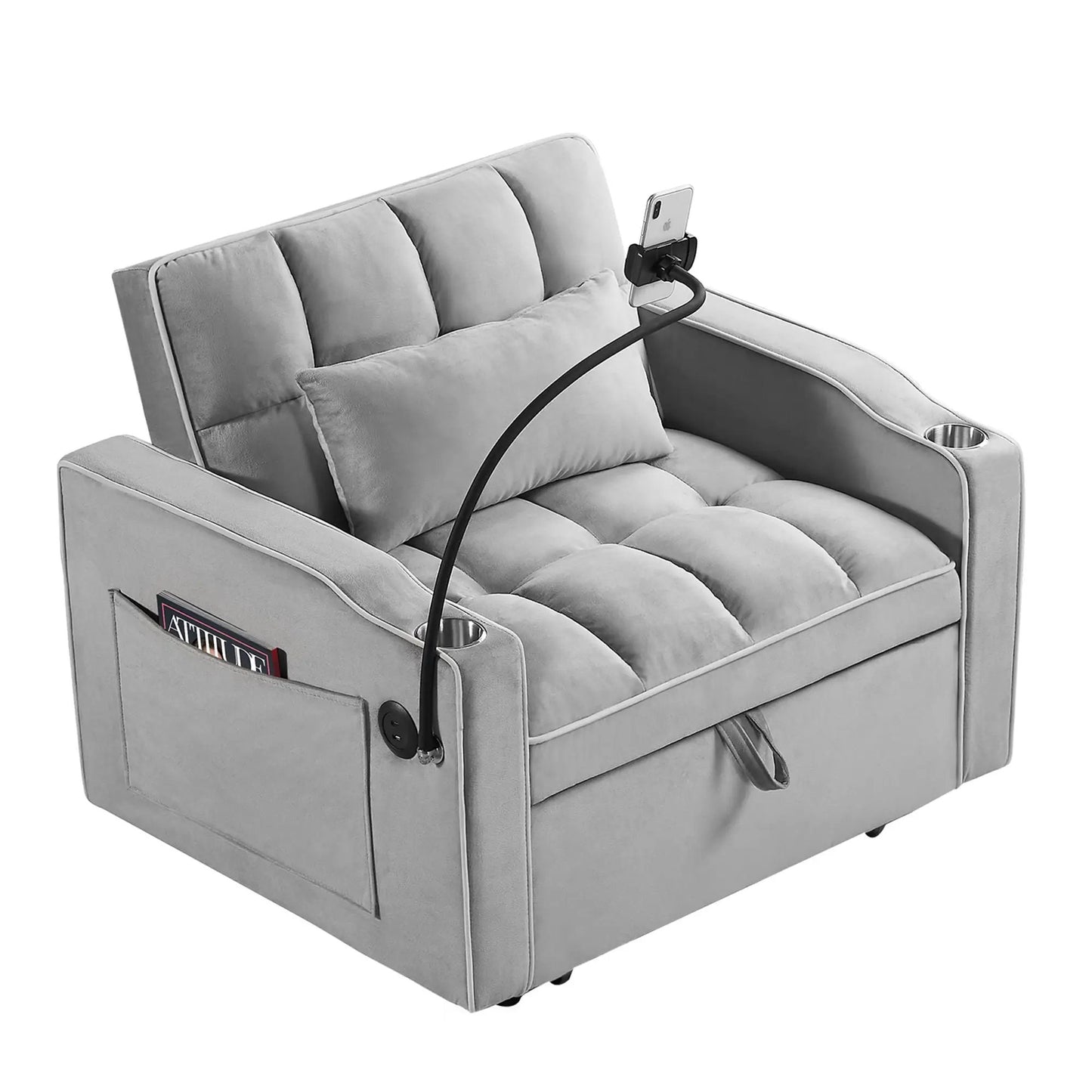 3-in-1 sleeper chair sofa bed gray fabric with pocket and cup holders by Unique Piece Furniture on Tampa Home & Garden Store