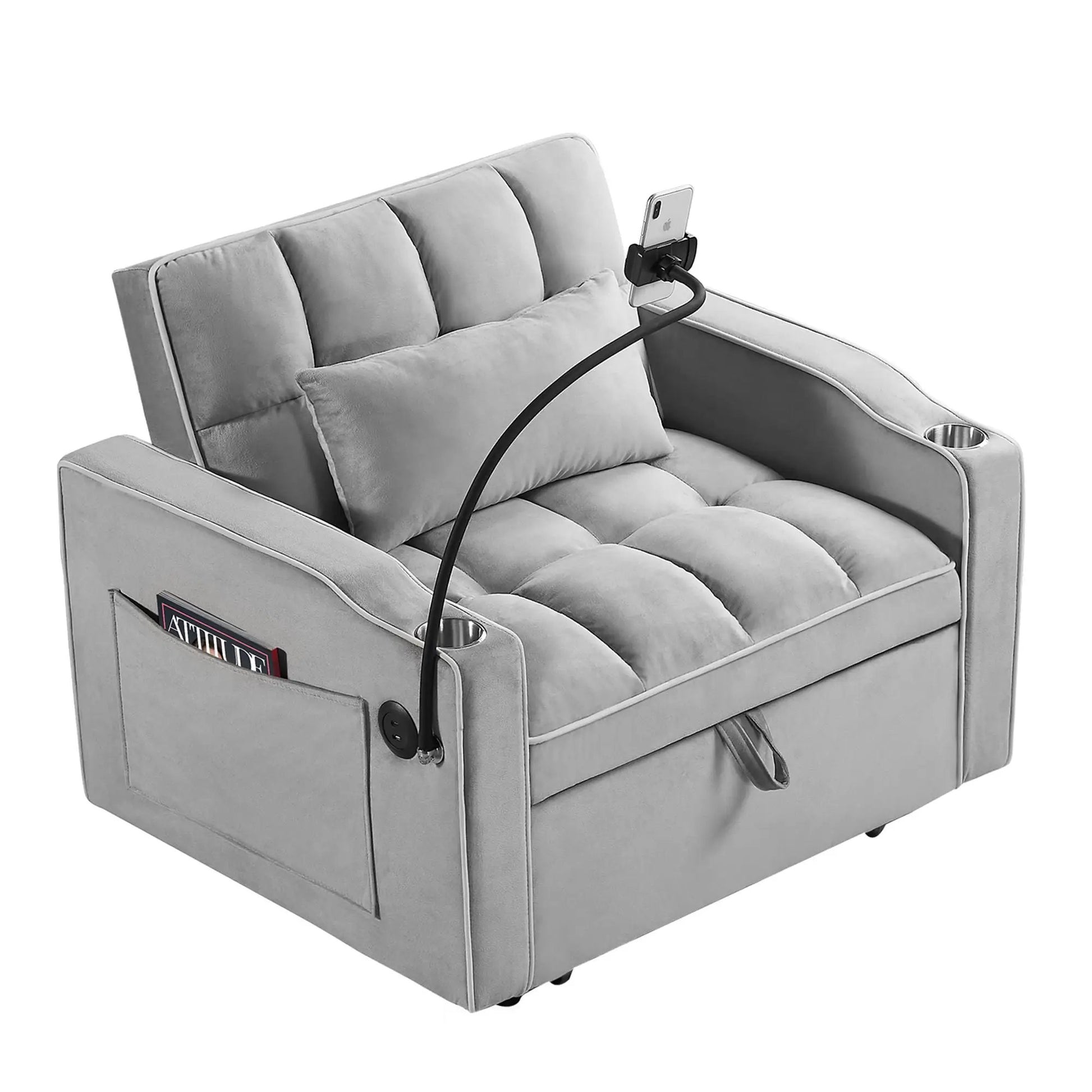 3-in-1 sleeper chair sofa bed gray fabric with pocket and cup holders by Unique Piece Furniture on Tampa Home & Garden Store