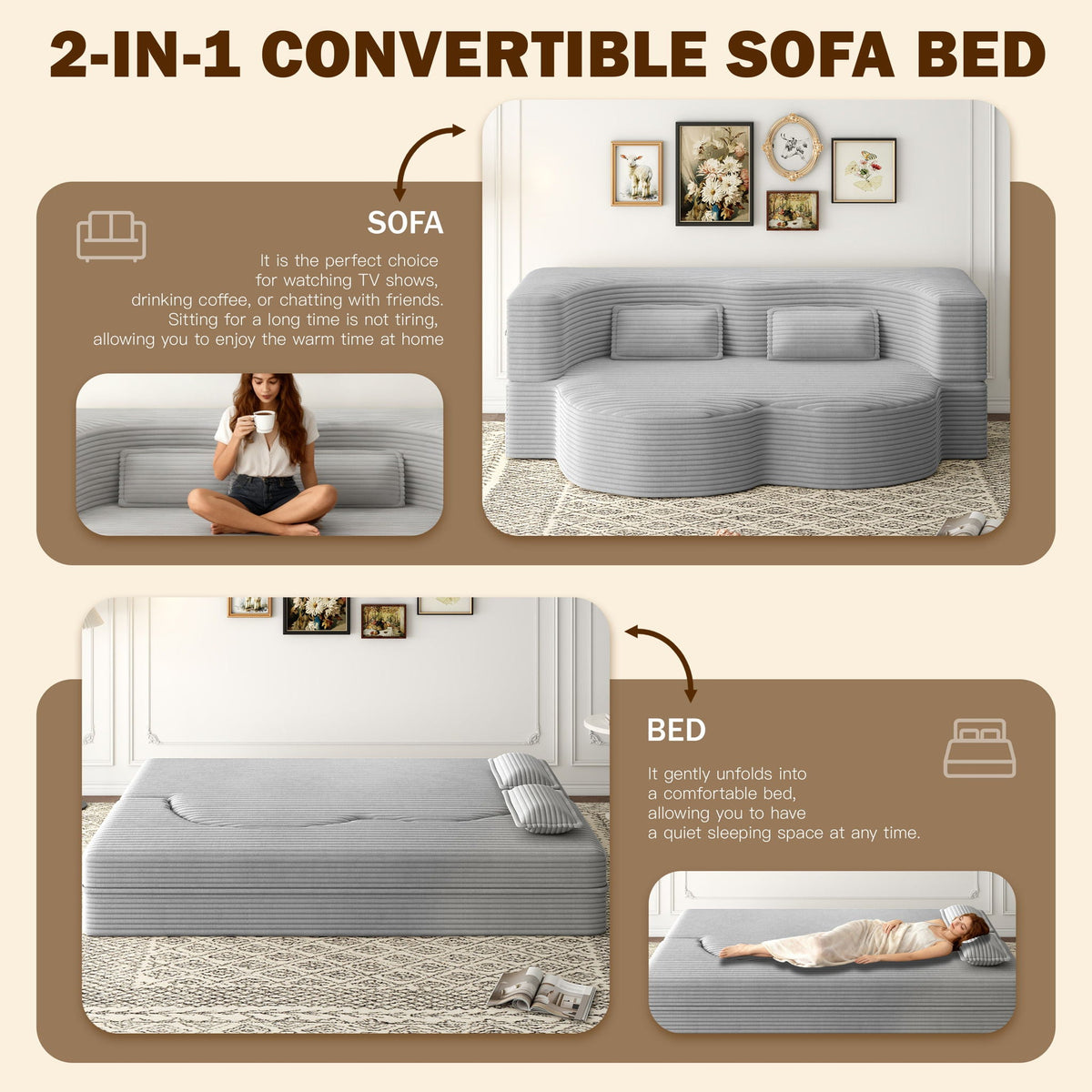 Floor Sofa With 2 Pillows in gray ribbed fabric, convertible twin mattress for living room on Tampa Home & Garden Store