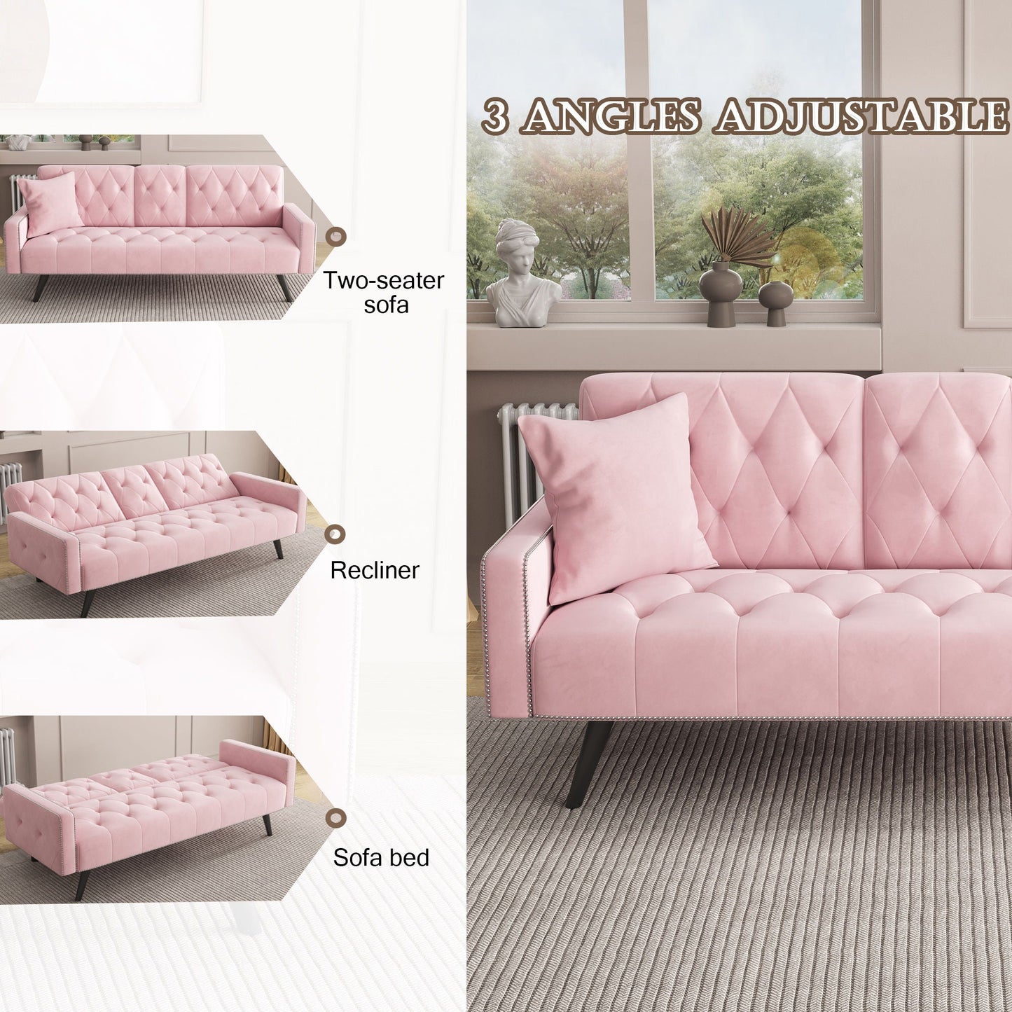 Pink Velvet Sofa Bed With Nailhead And The Frame