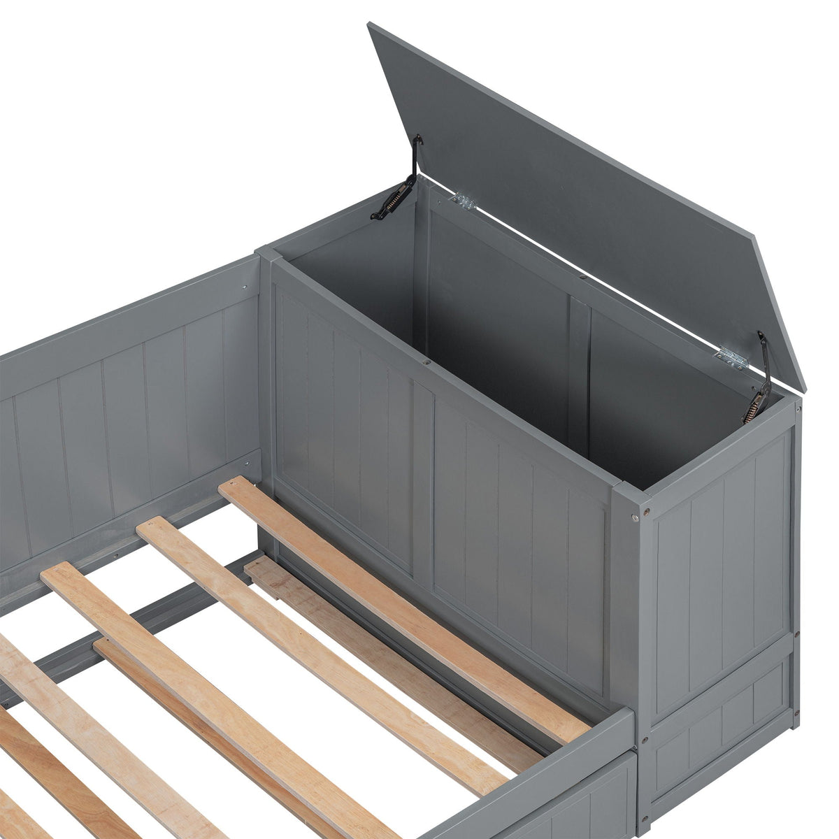 HouseOfZazla gray daybed with storage arms and built-in trundle, visible hinges and wooden slats on Tampa Home & Garden Store