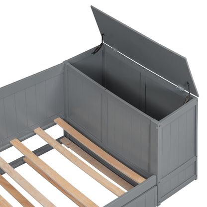 HouseOfZazla gray daybed with storage arms and built-in trundle, visible hinges and wooden slats on Tampa Home & Garden Store