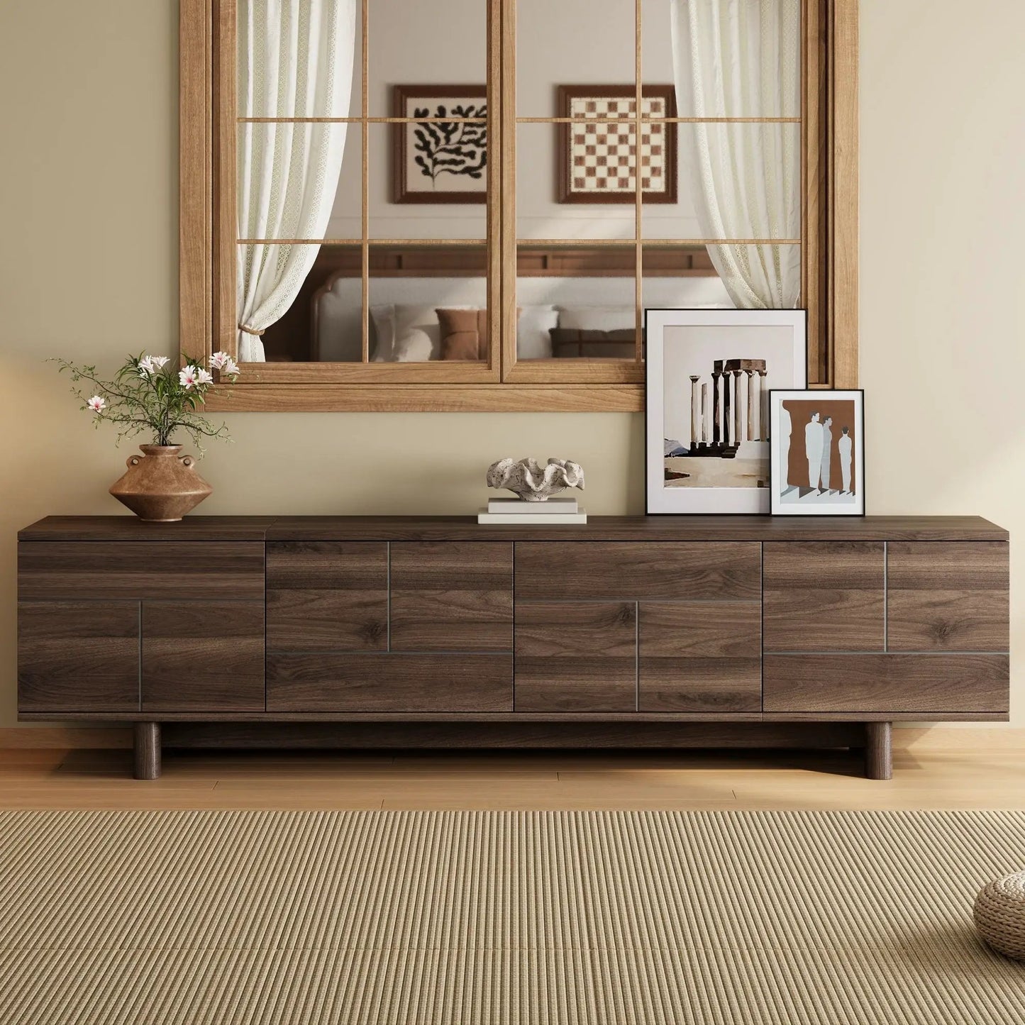 TV Stand Unique Piece Furniture dark brown with cable management and adjustable shelves on Tampa Home & Garden Store