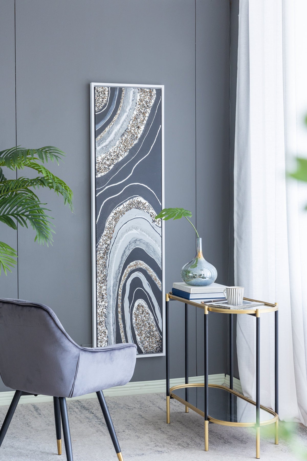 Elongated rectangle wall art with silver frame and geode motif in gray and gold on Tampa Home & Garden Store