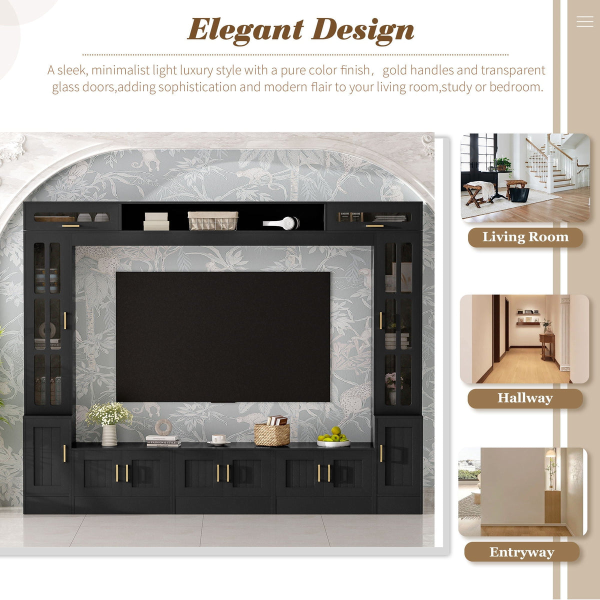 Wall Unit Entertainment Center in black with glass doors and gold hardware HouseOfZazla on Tampa Home & Garden Store