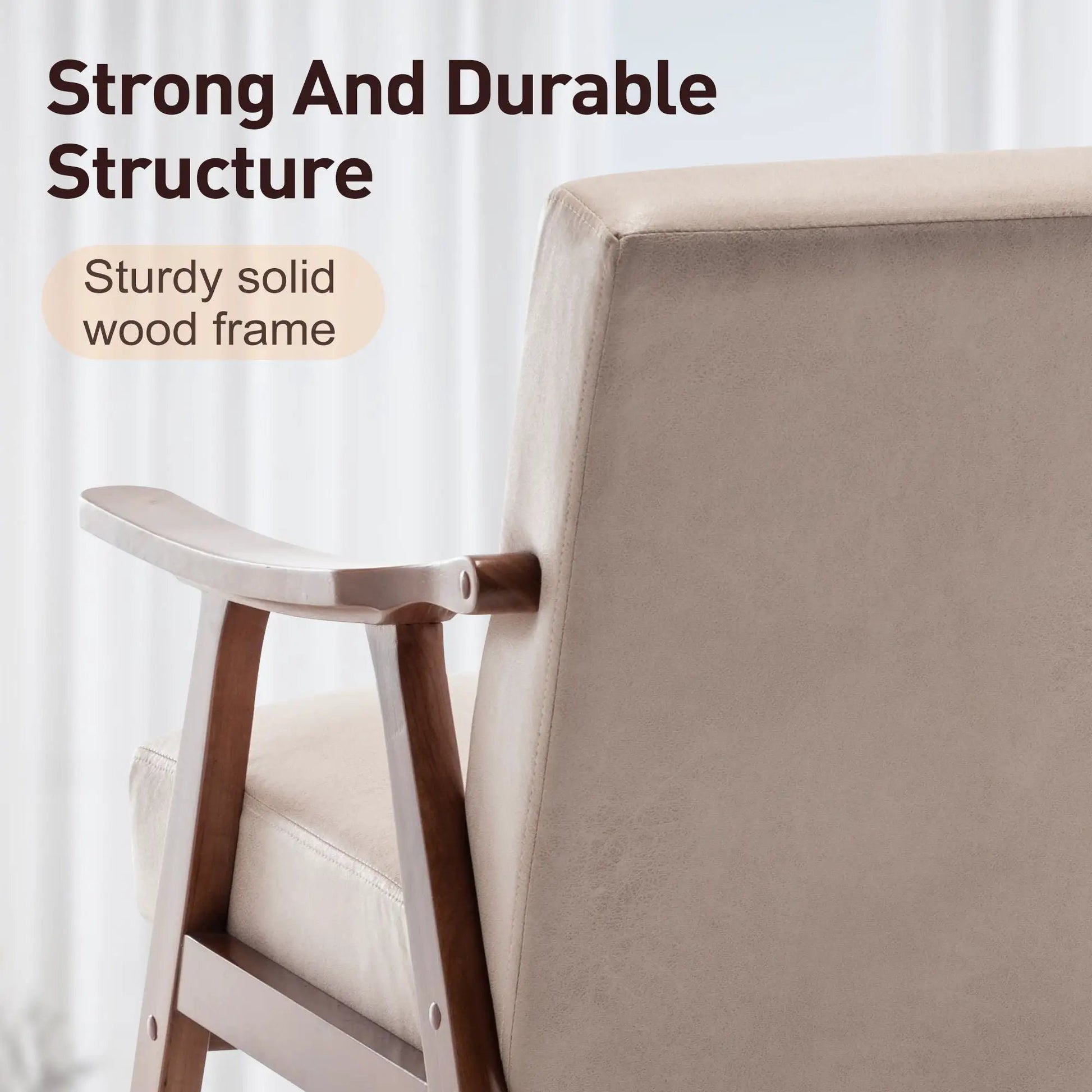 Mid Century Modern accent chair with solid wood frame and thick backrest in beige fabric on Tampa Home & Garden Store