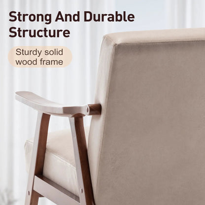 Mid Century Modern accent chair with solid wood frame and thick backrest in beige fabric on Tampa Home & Garden Store