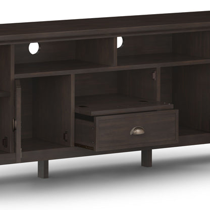 Handcrafted media stand with adjustable shelves in dark wood, open cubbies and a drawer on Tampa Home & Garden Store