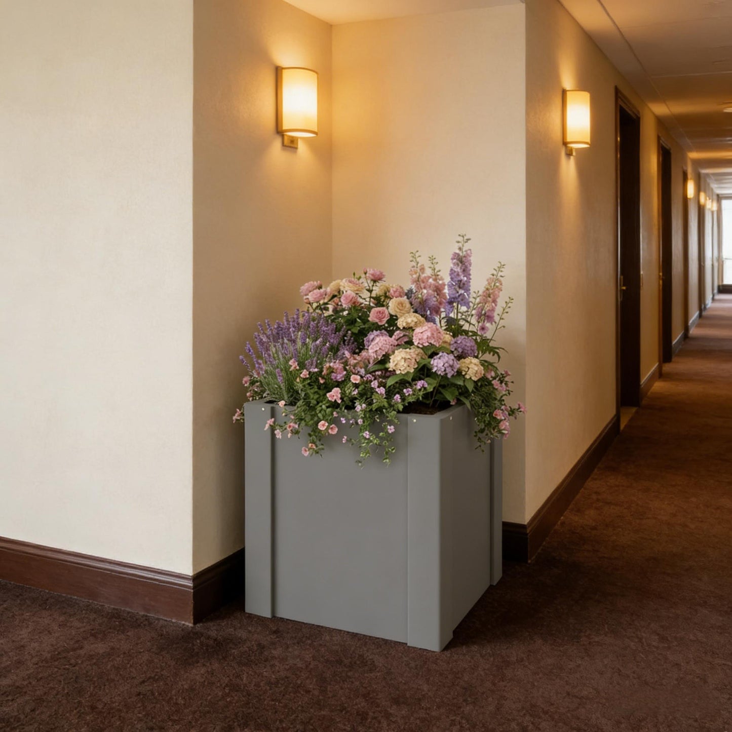 Balcony Planter Bed, Outdoor Planter Box gray with pink flowers by HouseOfZazla in hallway on Tampa Home & Garden Store