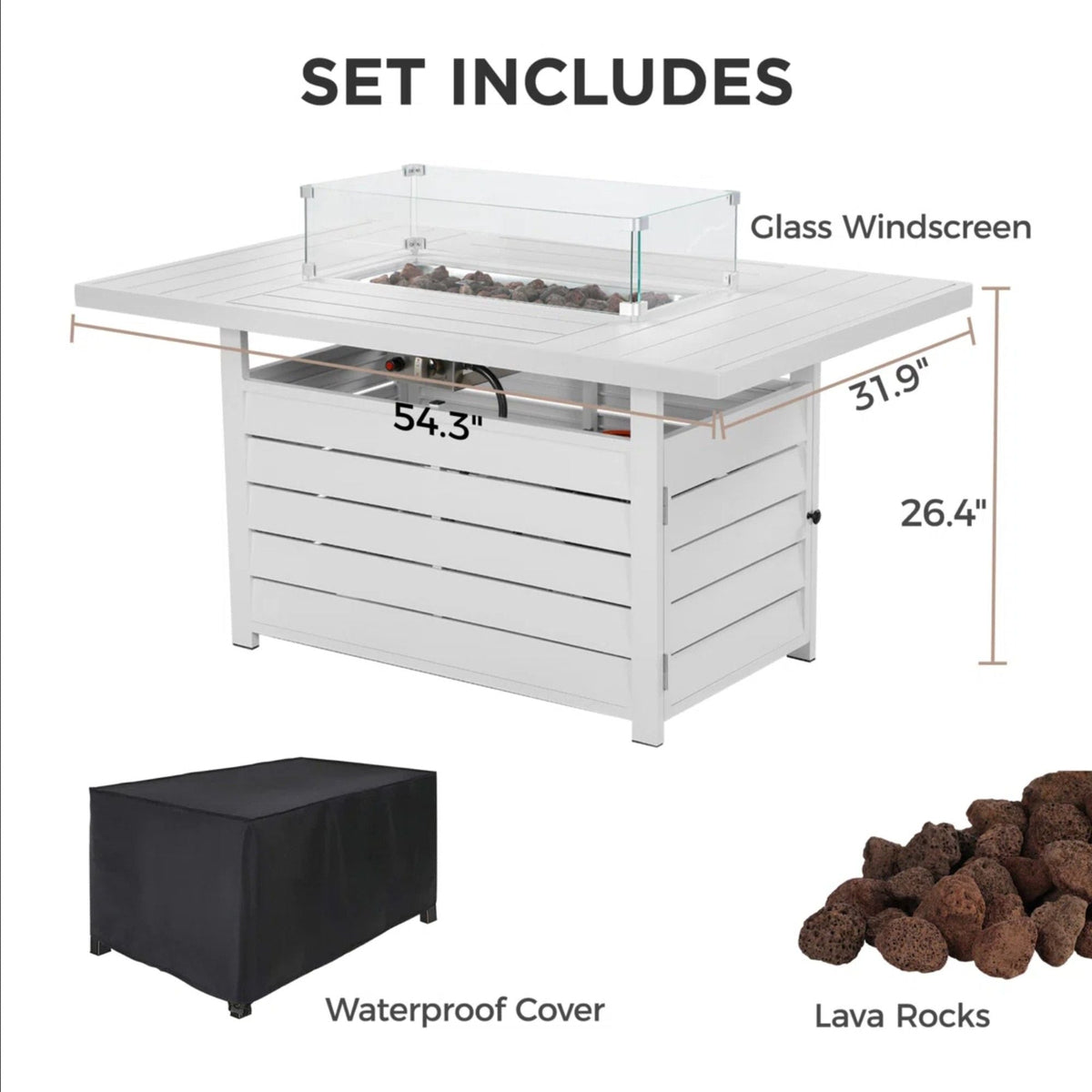 Rectangular propane fire pit table with stainless burner in black gray white; windscreen on Tampa Home & Garden Store
