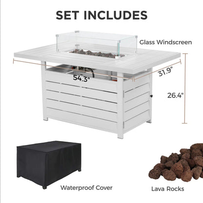 Rectangular propane fire pit table with stainless burner in black gray white; windscreen on Tampa Home & Garden Store