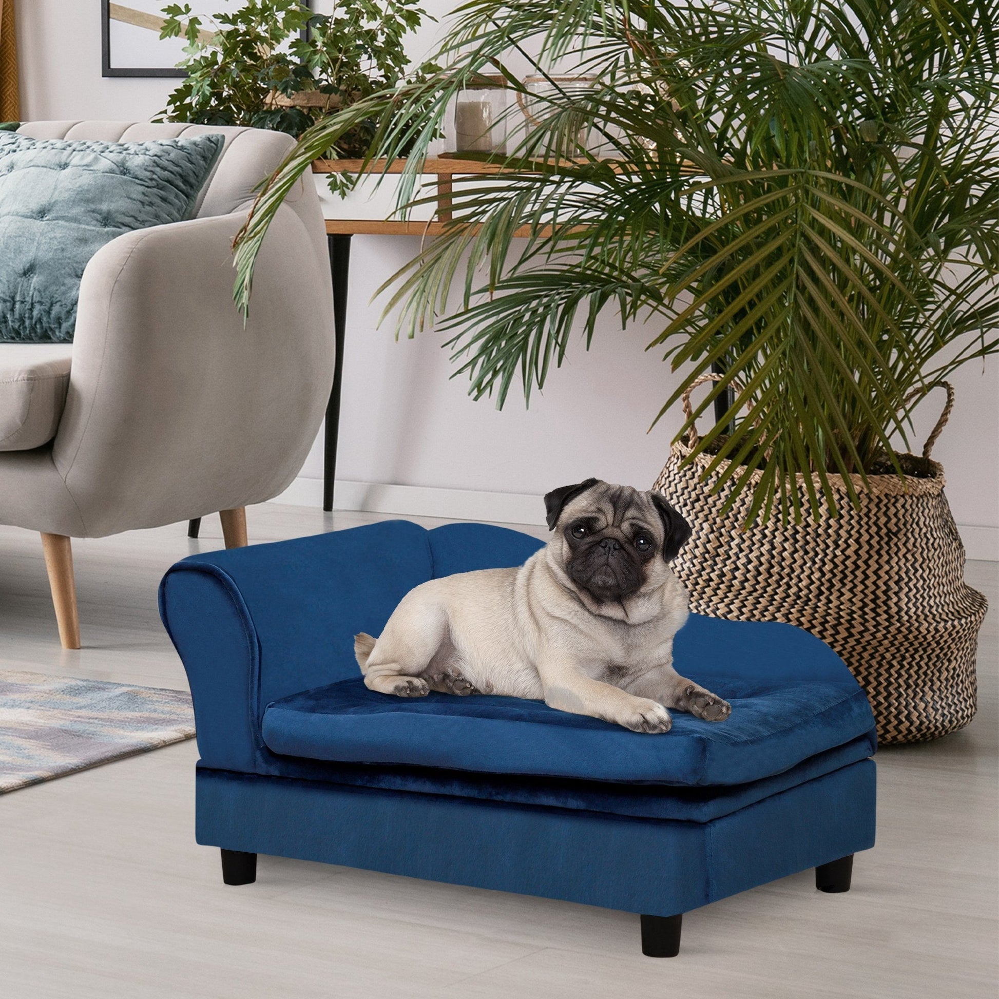 PawHut luxury small dog bed in blue upholstery with hidden storage on Tampa Home & Garden Store