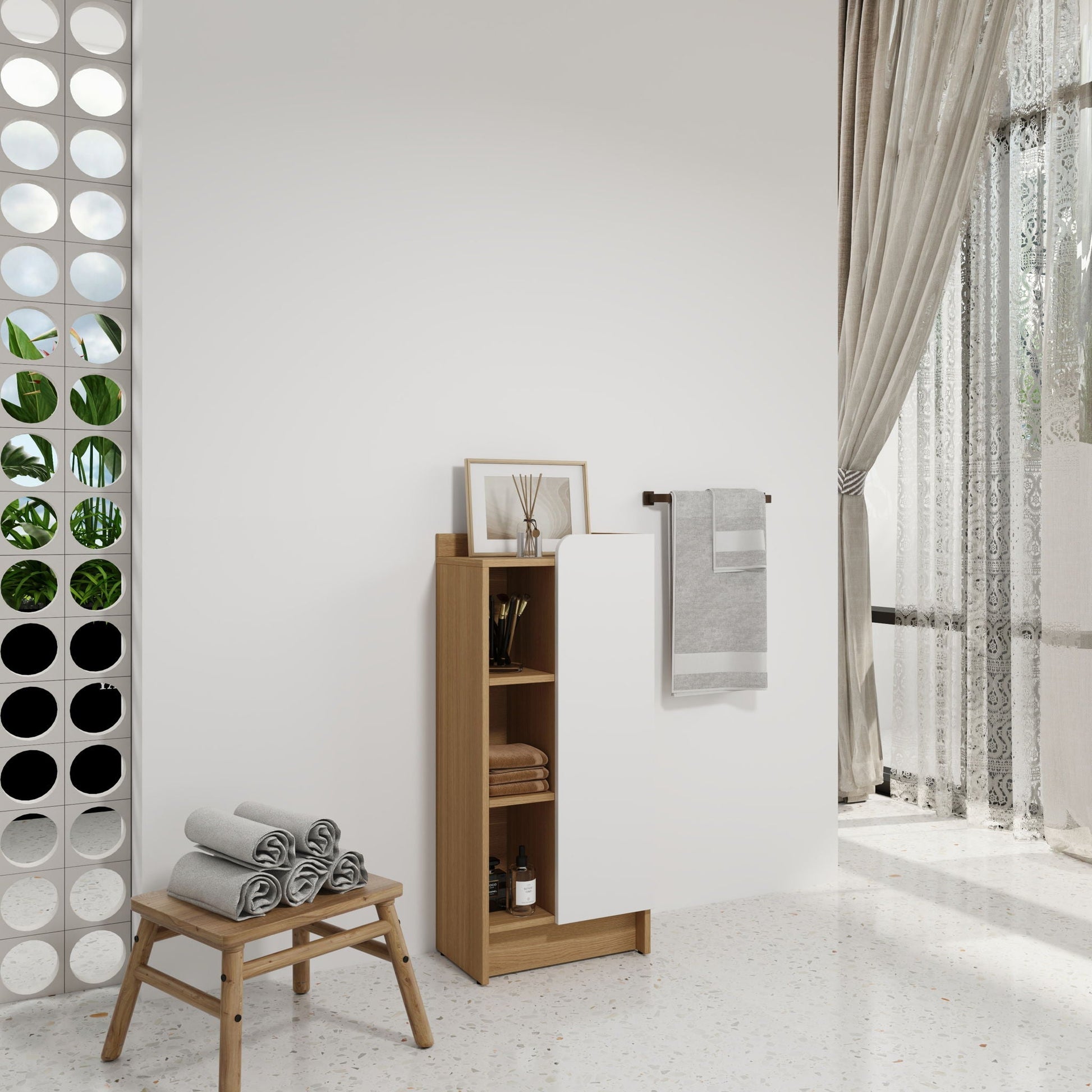 Freestanding bathroom side cabinet with single door and 3-tier shelves in black light oak white on Tampa Home & Garden Store