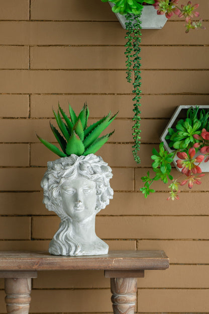 Gray cement bust wall planter with succulent, 8 in, indoor outdoor decor on Tampa Home & Garden Store