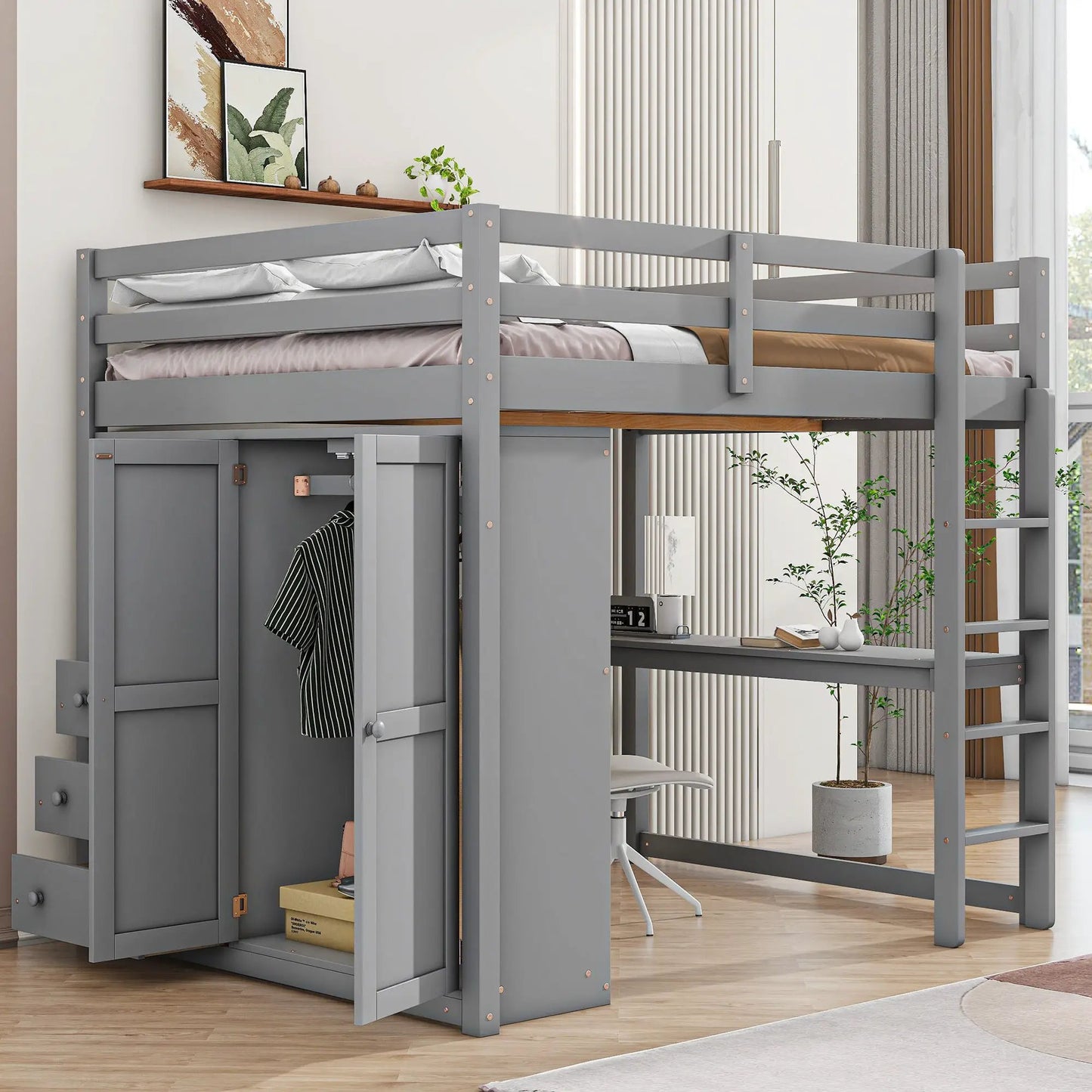 Gray loft bed with built-in wardrobe, shelves and drawers by Unique Piece Furniture on Tampa Home & Garden Store