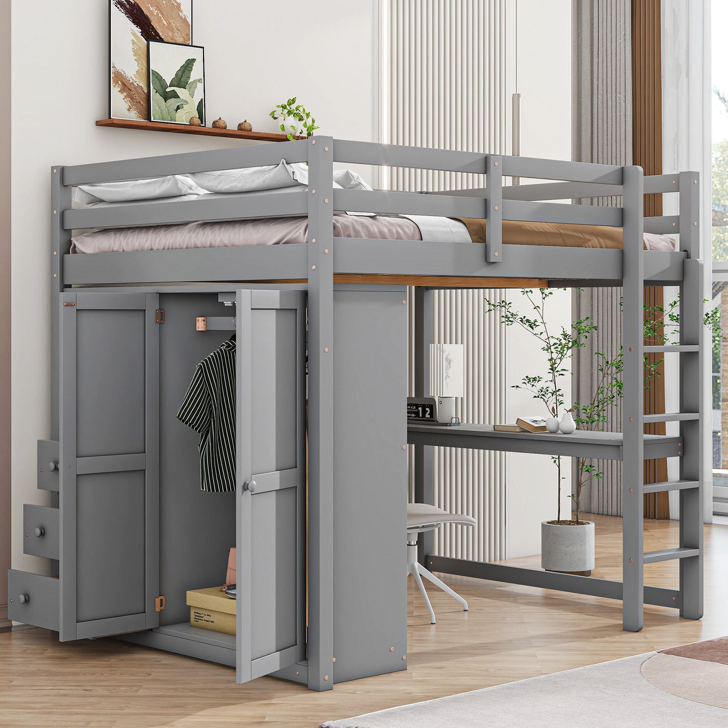 Loft bed by HouseOfZazla in grey finish with built-in wardrobe, shelves and drawers on Tampa Home & Garden Store
