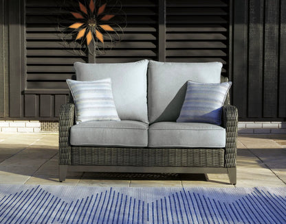 Elite Park loveseat with gray cushions and wicker frame outdoor on Tampa Home & Garden Store
