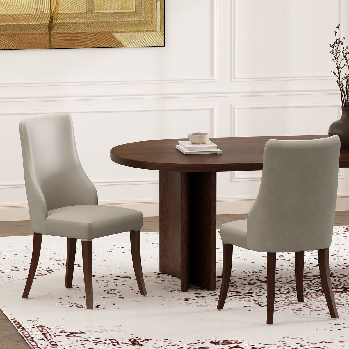 Modern dining chair set of 2 by HouseOfZazla in gray upholstery around a round wood table on Tampa Home & Garden Store