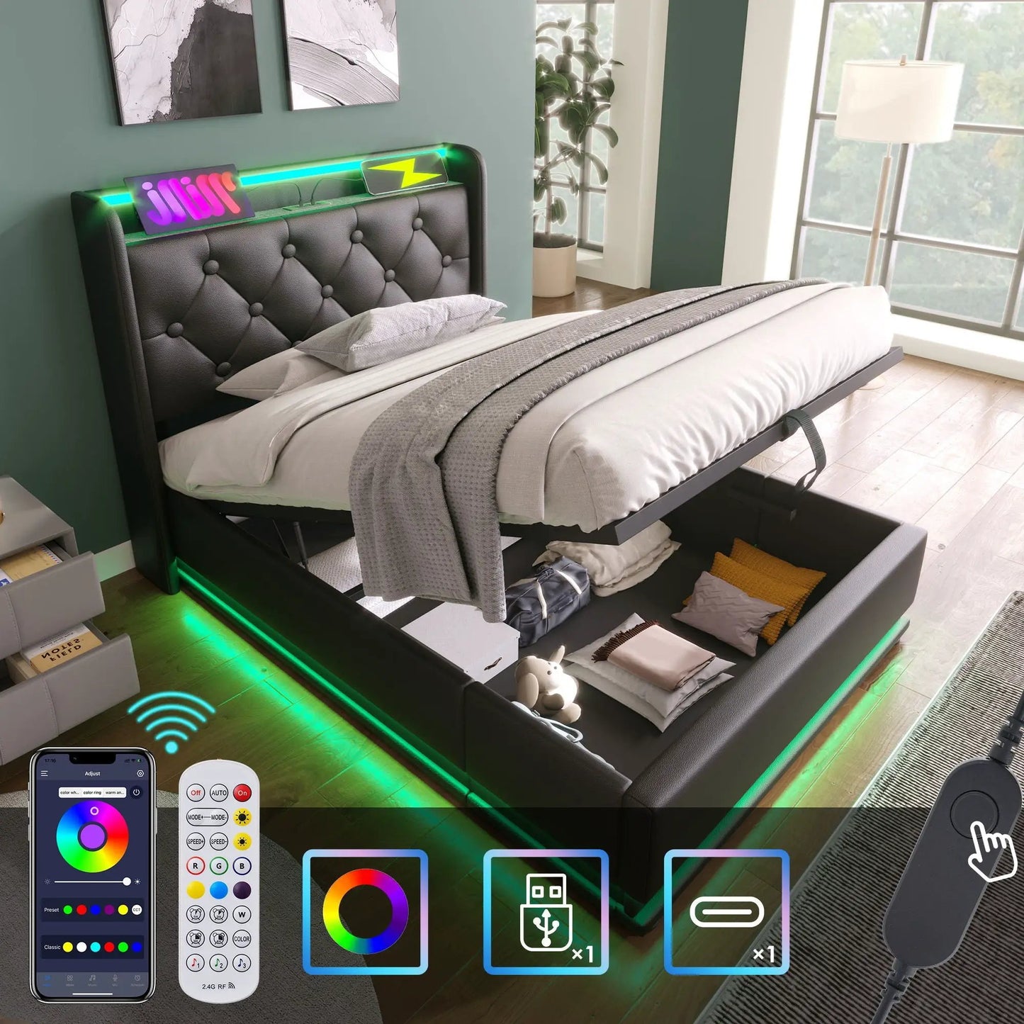 Upholstered storage bed with 360 LED lighting, hydraulic lift, remote on Tampa Home & Garden Store