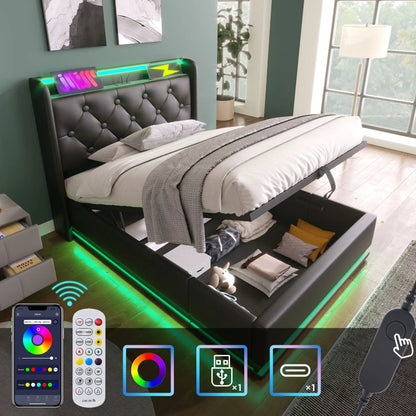 Upholstered storage bed with 360 LED lighting, hydraulic lift, remote on Tampa Home & Garden Store