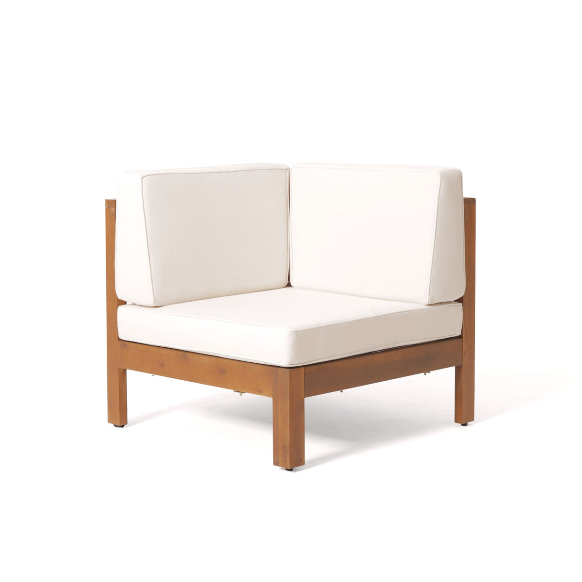Brava X Back Corner Chair beige and white water-resistant cushions on wooden frame on Tampa Home & Garden Store