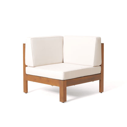Brava X Back Corner Chair beige and white water-resistant cushions on wooden frame on Tampa Home & Garden Store
