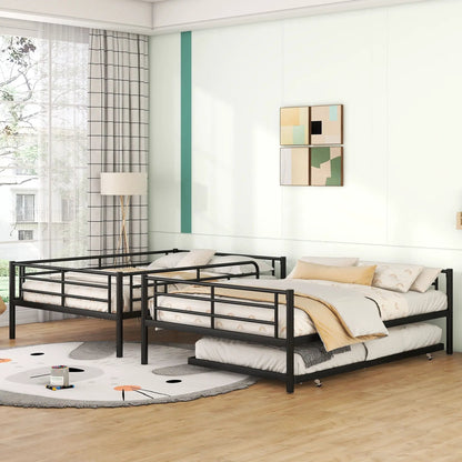 Two black steel bunk beds by Unique Piece Furniture with twin mattresses in a bedroom on Tampa Home & Garden Store