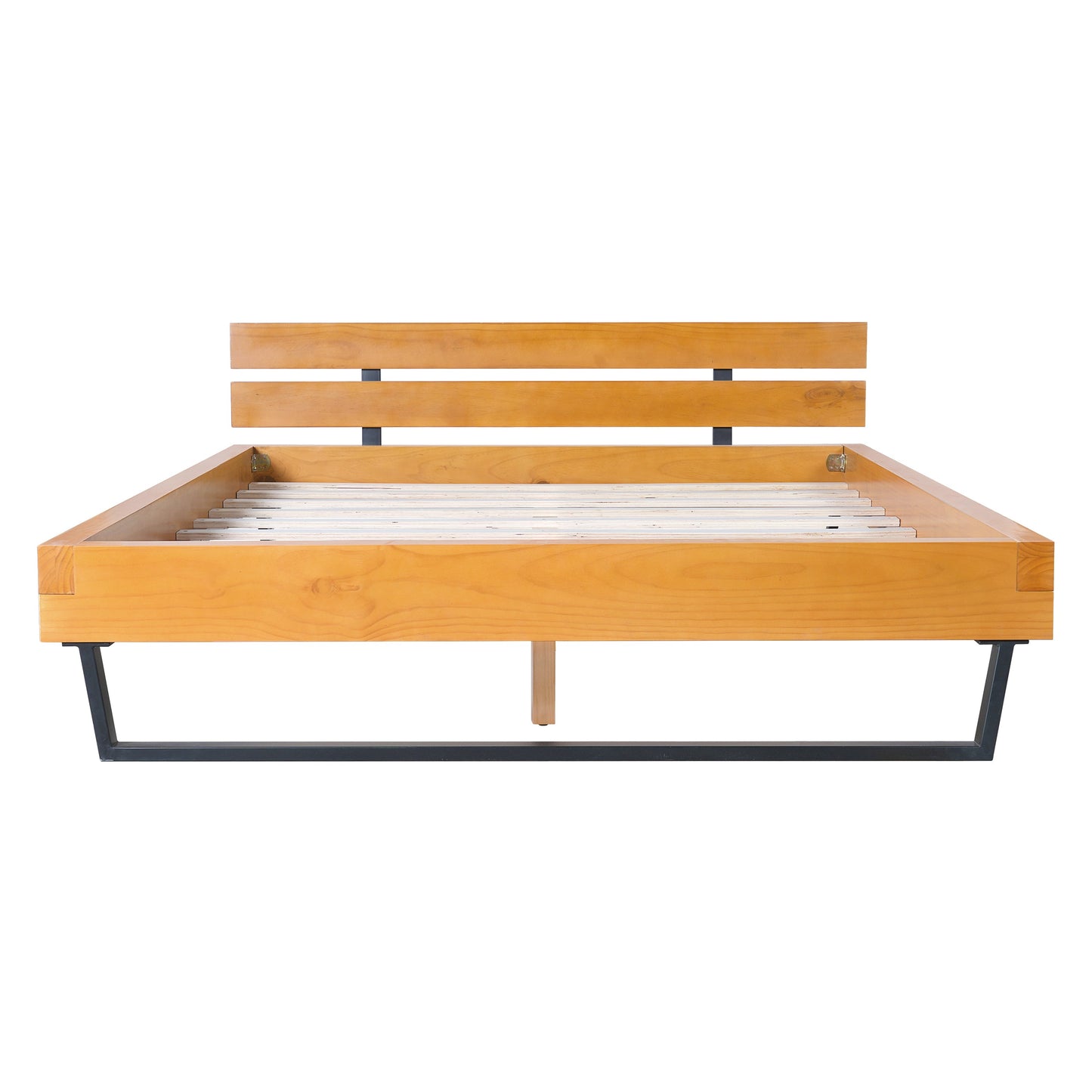 a Queen Pine Bed Frame and Black Iron Accents