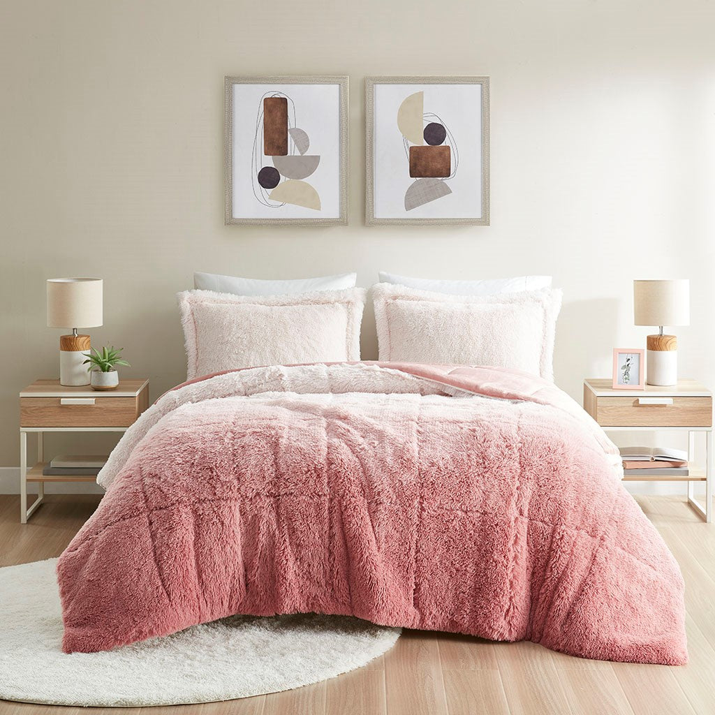 King/Cal King Ombre Shaggy Long Fur Comforter Mini Set pink plush by HouseOfZazla Bedding Sets on Tampa Home & Garden Store