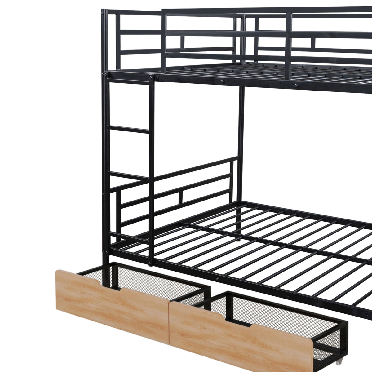 Full-size bunk bed frame black metal with two natural wood drawers on Tampa Home & Garden Store