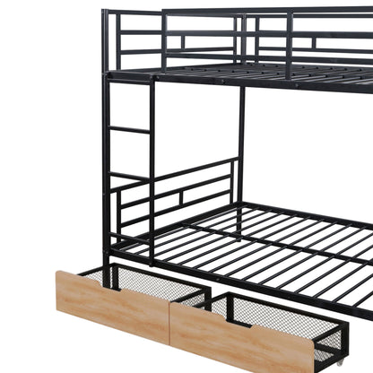 Full-size bunk bed frame black metal with two natural wood drawers on Tampa Home & Garden Store
