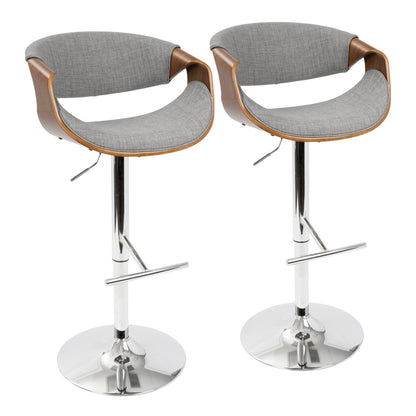 Two mid century modern adjustable barstools with swivel, gray fabric, wood arms on Tampa Home & Garden Store