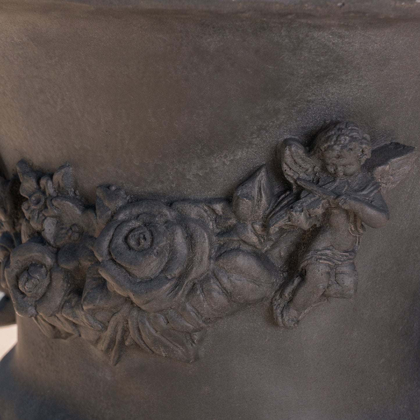 Buena Vista Urn planter in dark charcoal with sculpted floral relief by HouseOfZazla on Tampa Home & Garden Store